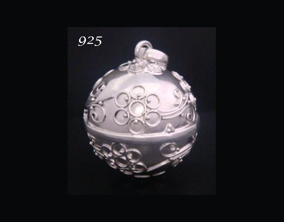 Harmony Ball Necklace, Sterling Silver, Balinese Flowers 18mm - Click Image to Close
